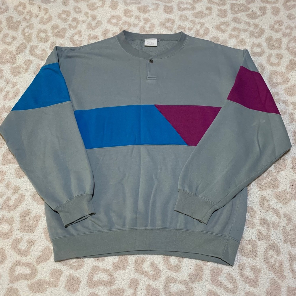 Vintage‎ Colorblock Henley Sweatshirt Grey Blue Maroon Large